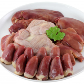 Chicken livers and hearts offered at WP Meat Co in Enfield, Illinois.