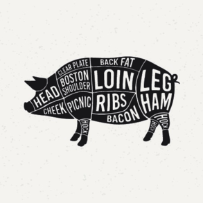 silhouette of a hog filled with labeled meat cuts offered at WP Meat Co in Enfield, Illinois