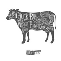 silhouette of a cow filled with labeled meat cuts offered at WP Meat Co in Enfield, Illinois